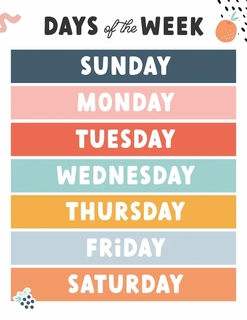 Colorful classroom poster days of the week.
